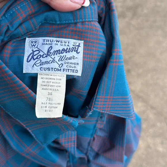 Nos Vintage Rockmount 38 Teal Rust Plaid Pearl Snap Blouse USA made - Picture 2 of 9